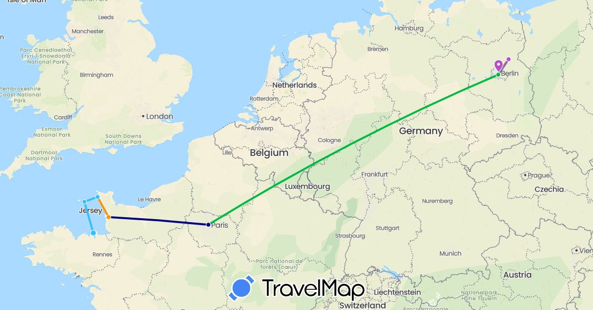 TravelMap itinerary: driving, bus, train, boat, hitchhiking in Germany, France, Guernsey (Europe)